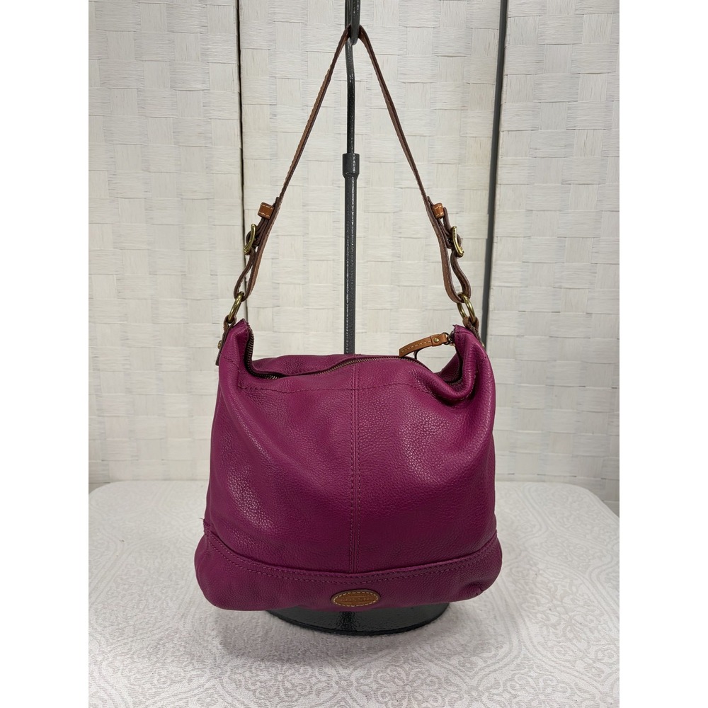 Fossil pebbled leather hobo bag magenta/berry brass shoulder strap womens